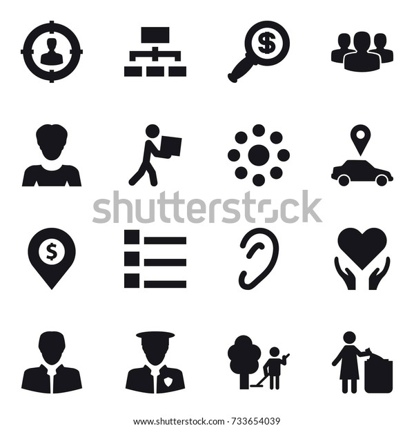 16 vector icon set : target\
audience, hierarchy, dollar magnifier, group, woman, courier, round\
around, car pointer, dollar pin, list, garden cleaning, garbage\
bin