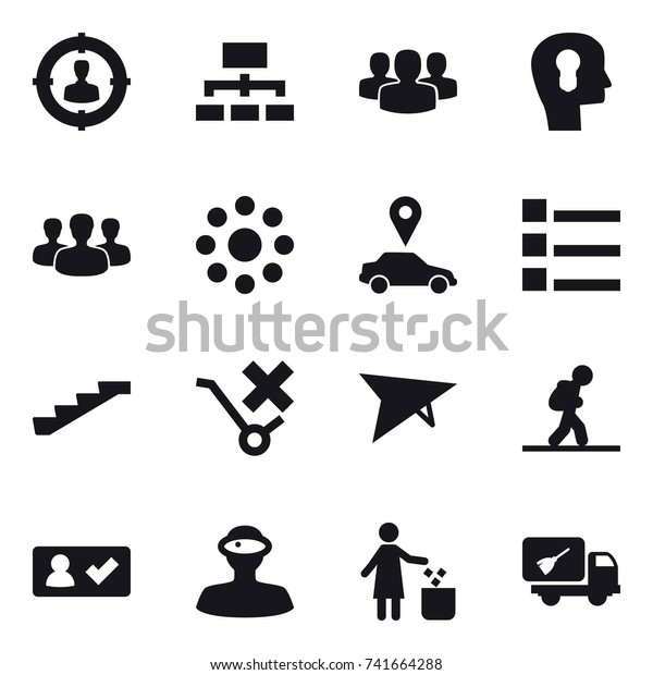 16 vector icon set :\
target audience, hierarchy, group, bulb head, round around, car\
pointer, list, stairs, deltaplane, tourist, check in, garbage bin,\
home call cleaning