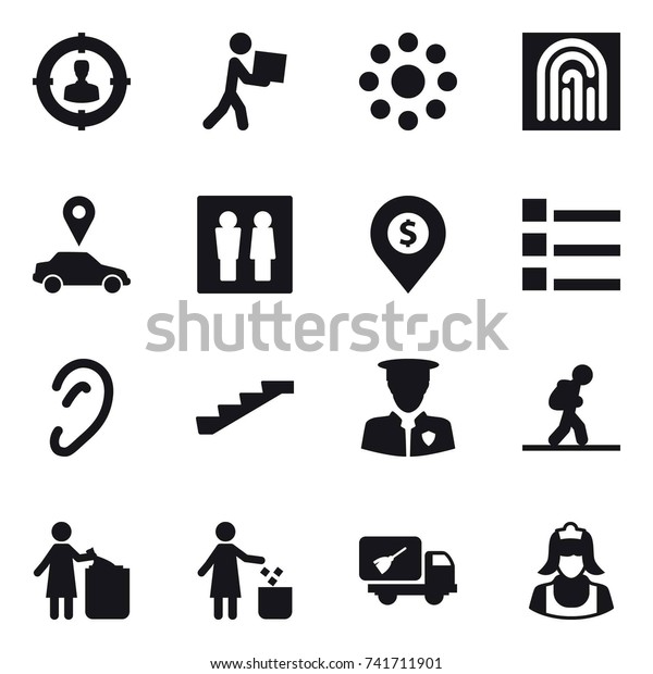 16 vector icon\
set : target audience, courier, round around, fingerprint, car\
pointer, wc, dollar pin, list, stairs, tourist, garbage bin, home\
call cleaning, cleaner