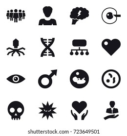 16 vector icon set : team, woman, brain, cell corection, virus, dna, structure, heart