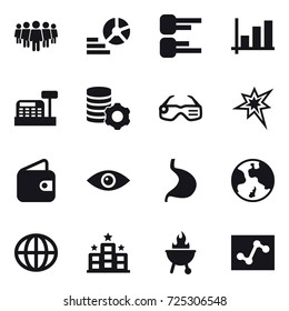 16 vector icon set : team, diagram, graph, cashbox, virtual mining, smart glasses, bang, wallet, earth, globe, hotel, bbq