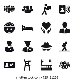 16 vector icon set : team, group, courier, pass card, tourist, check in, Chair for babies, skyscapers cleaning, outsource