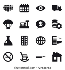 16 vector icon set : team, calendar, eye, truck, parachute, cashbox, money message, virtual mining, globe, hotel, no smoking, rocking chair, pan, house
