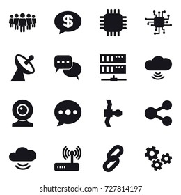 16 vector icon set : team, money message, chip, satellite antenna, discussion, server, cloud wireless, web cam, ballon, gears