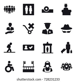 16 vector icon set : team, wc, tourist, check in, detector, passenger, invalid, skyscapers cleaning, cleaner, outsource