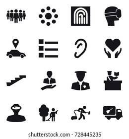 16 vector icon set : team, round around, fingerprint, virtual mask, car pointer, list, stairs, inspector, garden cleaning, vacuum cleaner, home call cleaning