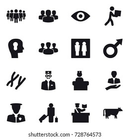 16 vector icon set : team, group, eye, courier, bulb head, wc, passenger, inspector, cow