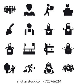 16 vector icon set : team, woman, courier, construction, apron, skyscapers cleaning, skyscrapers cleaning, garden cleaning, vacuum cleaner, cleaner, outsource