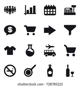 16 vector icon set : team, graph, calendar, cashbox, money message, cart, right arrow, funnel, t-shirt, transfer, no smoking, pan, wine