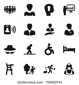 16 vector icon set : team, woman, bulb head, presentation, pass card, tourist, invalid, bed, Chair for babies, garden cleaning, vacuum cleaner, cleaner