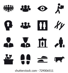 16 vector icon set : team, group, eye, courier, bulb head, wc, detector, passenger, inspector, slippers, cow