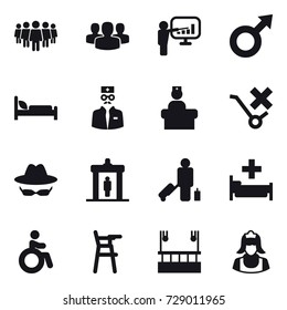 16 Vector Icon Set : Team, Group, Presentation, Detector, Passenger, Hospital, Invalid, Chair For Babies, Skyscapers Cleaning, Cleaner