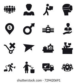 16 vector icon set : team, woman, courier, virtual mask, dollar pin, deltaplane, baggage checking, inspector, vacuum cleaner, garbage bin, home call cleaning, outsource