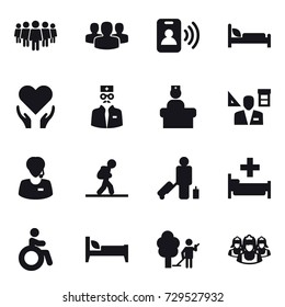 16 Vector Icon Set : Team, Group, Pass Card, Architector, Tourist, Passenger, Hospital, Invalid, Bed, Garden Cleaning, Outsource