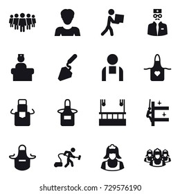 16 vector icon set : team, woman, courier, construction, apron, skyscapers cleaning, skyscrapers cleaning, vacuum cleaner, cleaner, outsource