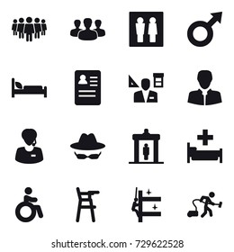16 vector icon set : team, group, wc, architector, detector, hospital, invalid, Chair for babies, skyscrapers cleaning, vacuum cleaner