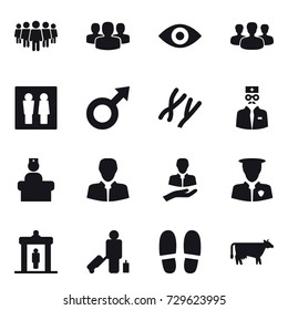 16 vector icon set : team, group, eye, wc, detector, passenger, slippers, cow