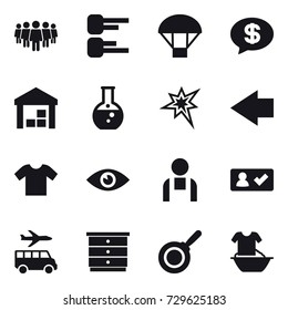 16 vector icon set : team, diagram, parachute, money message, warehouse, round flask, bang, left arrow, t-shirt, check in, transfer, chest of drawers, pan, handle washing