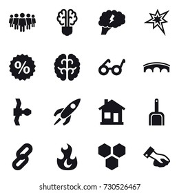 16 vector icon set : team, bulb brain, brain, bang, percent, bridge, home, scoop, honeycombs, wiping