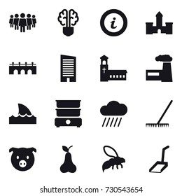 16 vector icon set : team, bulb brain, info, castle, bridge, skyscraper, church, factory, shark flipper, rain cloud, rake, pig, pear, wasp, scoop
