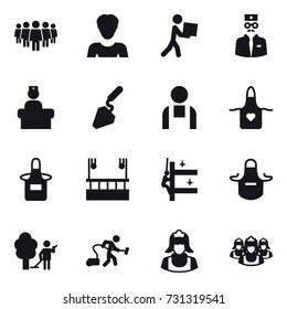 16 vector icon set : team, woman, courier, construction, apron, skyscapers cleaning, skyscrapers cleaning, garden cleaning, vacuum cleaner, cleaner, outsource