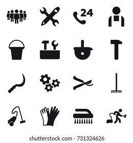 16 vector icon set : team, pencil wrench, bucket, repair tools, sickle, gears, pruner, rake, vacuum cleaner, gloves, brush
