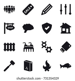 16 vector icon set : team, sale, pencil, equalizer, shop signboard, home, radiator, meat hammer, fire, fish