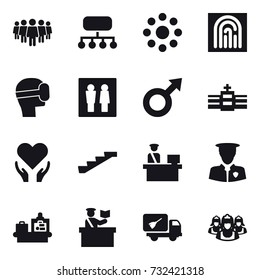 16 vector icon set : team, structure, round around, fingerprint, virtual mask, wc, stairs, baggage checking, inspector, home call cleaning, outsource