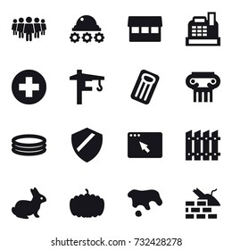 16 vector icon set : team, lunar rover, market, cashbox, tower crane, inflatable mattress, antique column, inflatable pool, fence, rabbit, pumpkin, spot, construct garbage