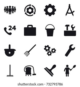 16 vector icon set : team, around gear, gear, draw compass, suitcase iocn, bucket, repair tools, fork, gears, wrench, rake, vacuum cleaner, scraper, woman with pipidaster