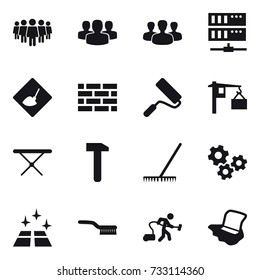 16 vector icon set : team, group, server, under construction, brick wall, repair, iron board, rake, gears, clean floor, brush, vacuum cleaner, floor washing