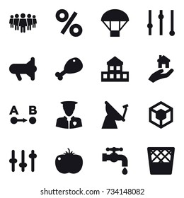 16 vector icon set : team, percent, parachute, equalizer, megafon, chicken leg, cottage, real estate, water tap, trash bin