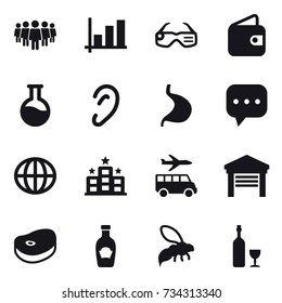 16 vector icon set : team, graph, smart glasses, wallet, globe, hotel, transfer, garage, wasp, wine