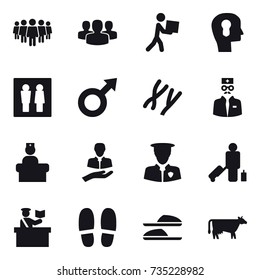 16 vector icon set : team, group, courier, bulb head, wc, passenger, inspector, slippers, cow