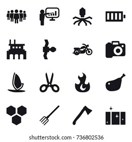 16 vector icon set : team, presentation, virus, battery, factory, motorcycle, camera, windsurfing, scissors, honeycombs, fork, axe, clean  window
