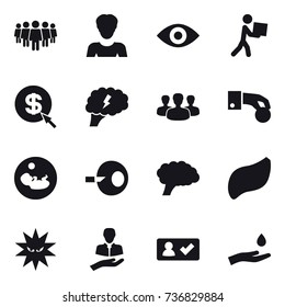 16 vector icon set : team, woman, eye, courier, dollar arrow, brain, group, hand coin, check in, hand and drop