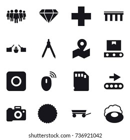 16 vector icon set : team, diamond, bridge, drawbridge, drawing compass, ring button, trailer, soap