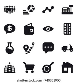 16 vector icon set : team, diagram, graph, cashbox, money message, wallet, hotel, cart, pan, house