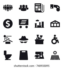 16 vector icon set : team, group, newspaper, hand coin, dollar coin, delivery, city, greenhouse, inspector, invalid, toilet, cutting board, field