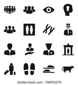 16 vector icon set : team, group, eye, bulb head, wc, detector, passenger, slippers, cow