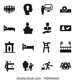 16 vector icon set : team, bulb head, presentation, check in, detector, bed, Chair for babies, skyscapers cleaning, skyscrapers cleaning, garden cleaning, vacuum cleaner, outsource