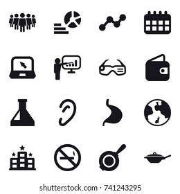 16 vector icon set : team, diagram, graph, calendar, notebook, presentation, smart glasses, wallet, earth, hotel, no smoking, pan