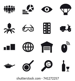 16 vector icon set : team, diagram, eye, parachute, virus, smart glasses, globe, garage, pan, viruses, wine