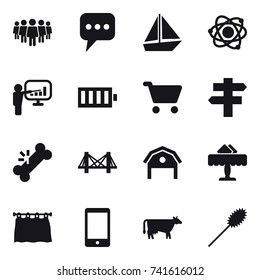 16 vector icon set : team, message, boat, atom, presentation, battery, cart, singlepost, bridge, barn, restaurant, curtain, cow, duster
