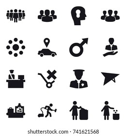16 vector icon set : team, group, bulb head, round around, car pointer, deltaplane, baggage checking, vacuum cleaner, garbage bin
