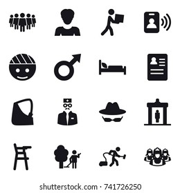 16 vector icon set : team, woman, courier, pass card, detector, Chair for babies, garden cleaning, vacuum cleaner, outsource