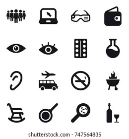 16 vector icon set : team, notebook, smart glasses, wallet, transfer, no smoking, bbq, rocking chair, pan, viruses, wine