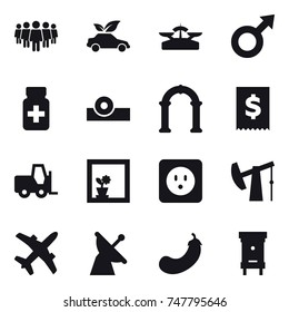 16 vector icon set : team, eco car, scales, arch, flower in window, power socket, eggplant, hive