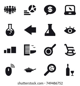 16 vector icon set : team, diagram, money message, notebook, round flask, left arrow, hotel, pan, rocking chair, viruses, wine