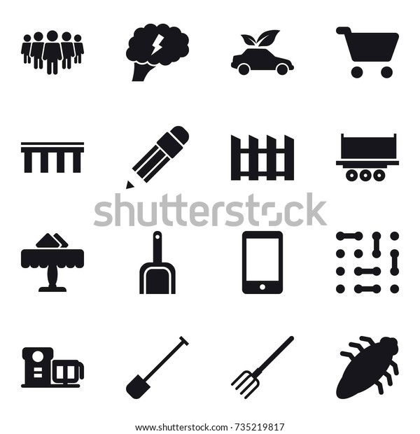 16 vector\
icon set : team, brain, eco car, cart, bridge, pencil, fence,\
restaurant, scoop, shovel, fork,\
bug